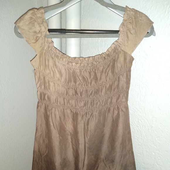 Theory Mini Dress Scoop Neck Tan Light Brown Ombre Smocked Top Designer XS - Picture 4 of 9